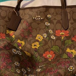 Coach Brown Floral Tote with Leather Trim
